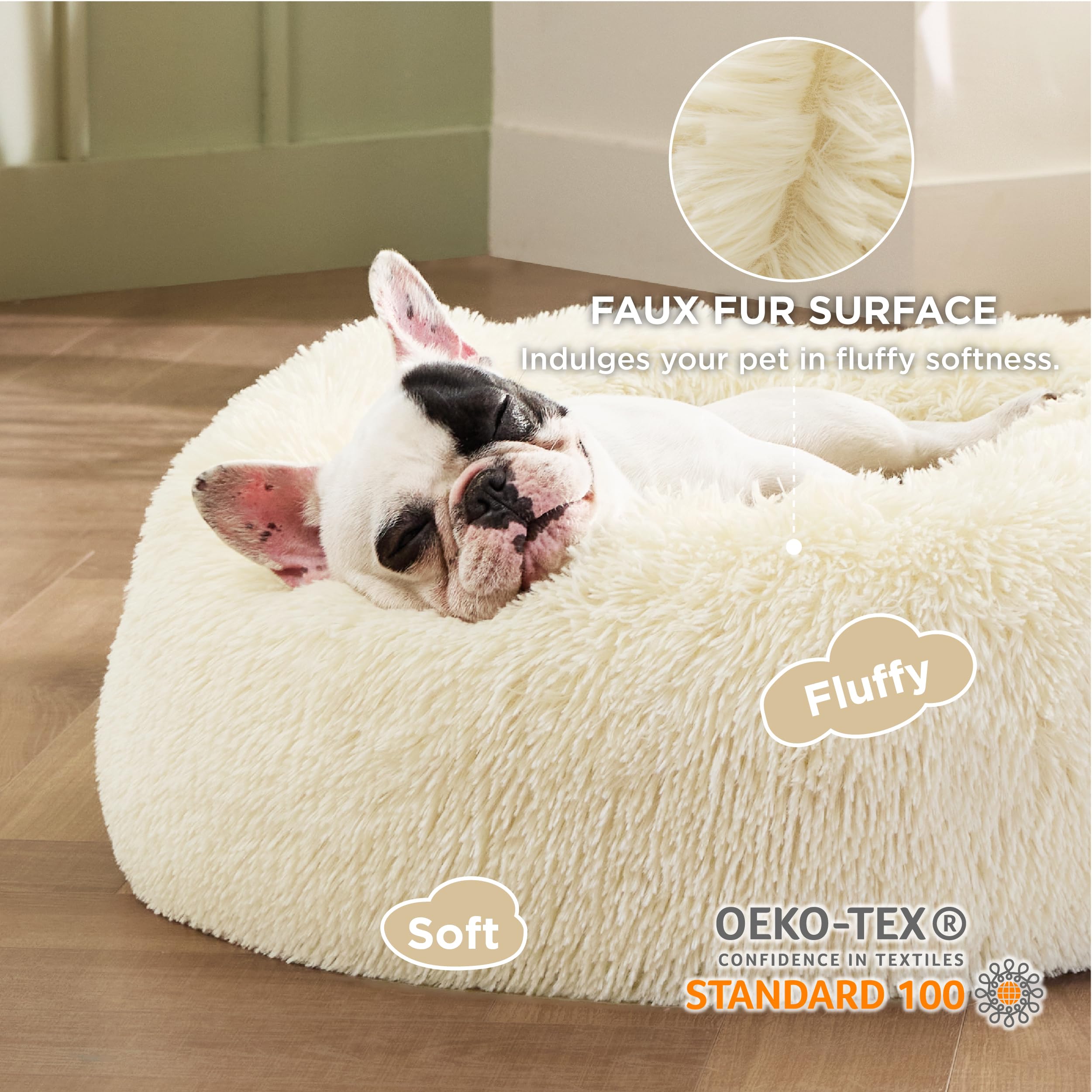 Bedsure Calming Donut Dog Bed for Small Dogs – 23 - Inch Round, Ivory Beige, Non - Slip & Washable