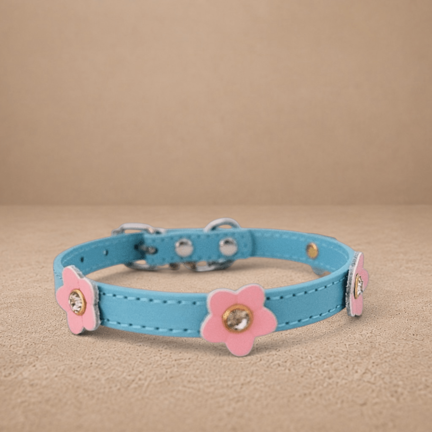 Chic Blue Dog Collar with Pink Flower Charms – XS/S/M Sizes