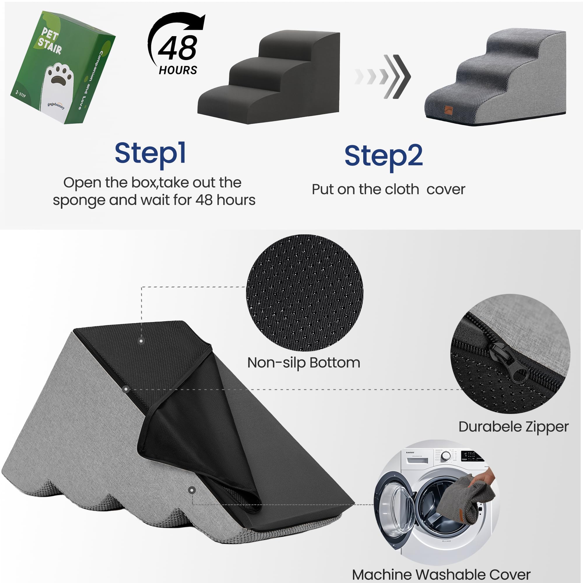 Gogobunny Ramp Cat Dog Stairs Grey – 3 - Step Bed Access, Durable Waterproof Cover