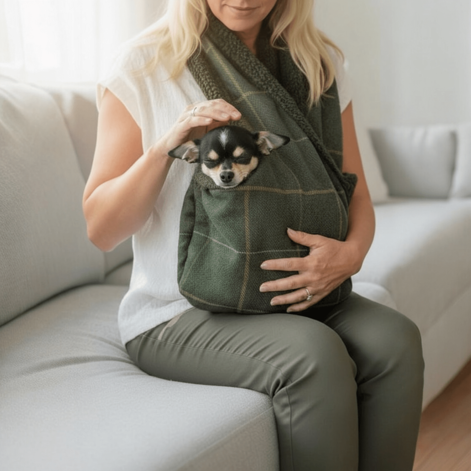 Handcrafted, luxury puppy/small dog carrier/sling - Forest Green Check - The Arlo Collection