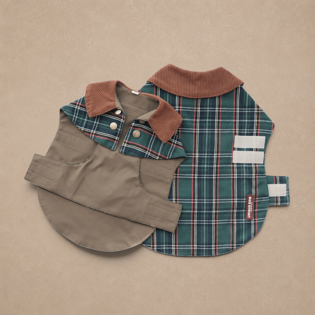 Handmade British Heritage Dog Coat — Olive Tartan Light Coat