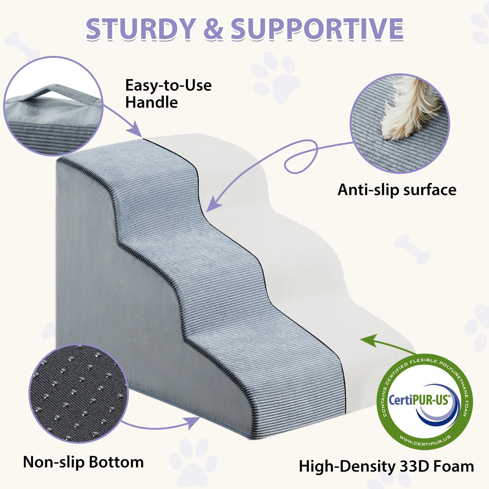 LEXTRO Dog Stairs for Small Dogs — 3 - Step Bed & Couch Ramp with Foam Support & Non - Slip Bottom (15.7 in)
