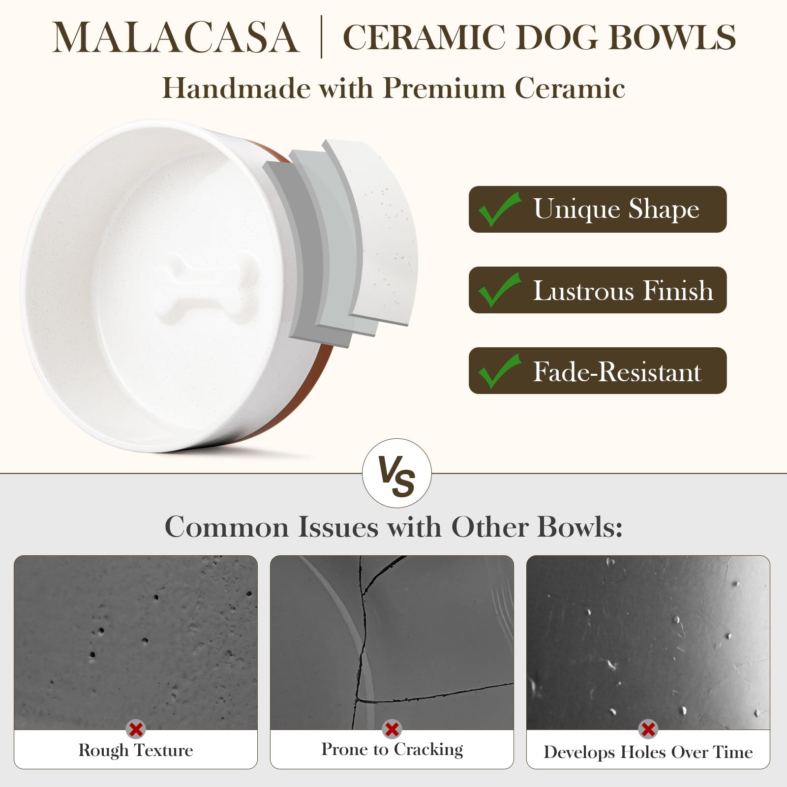 MALACASA Dog Bowls Set with Wooden Stand – 6 Cup Ceramic Food & Water Bowls for Medium to Large Dogs | 58 oz