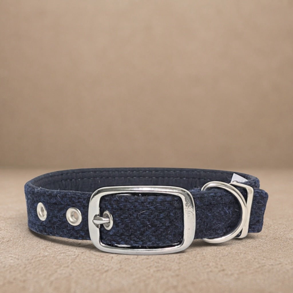 Midnight Blue Herringbone - Buckle Fastening Luxury Harris Tweed Dog Collar