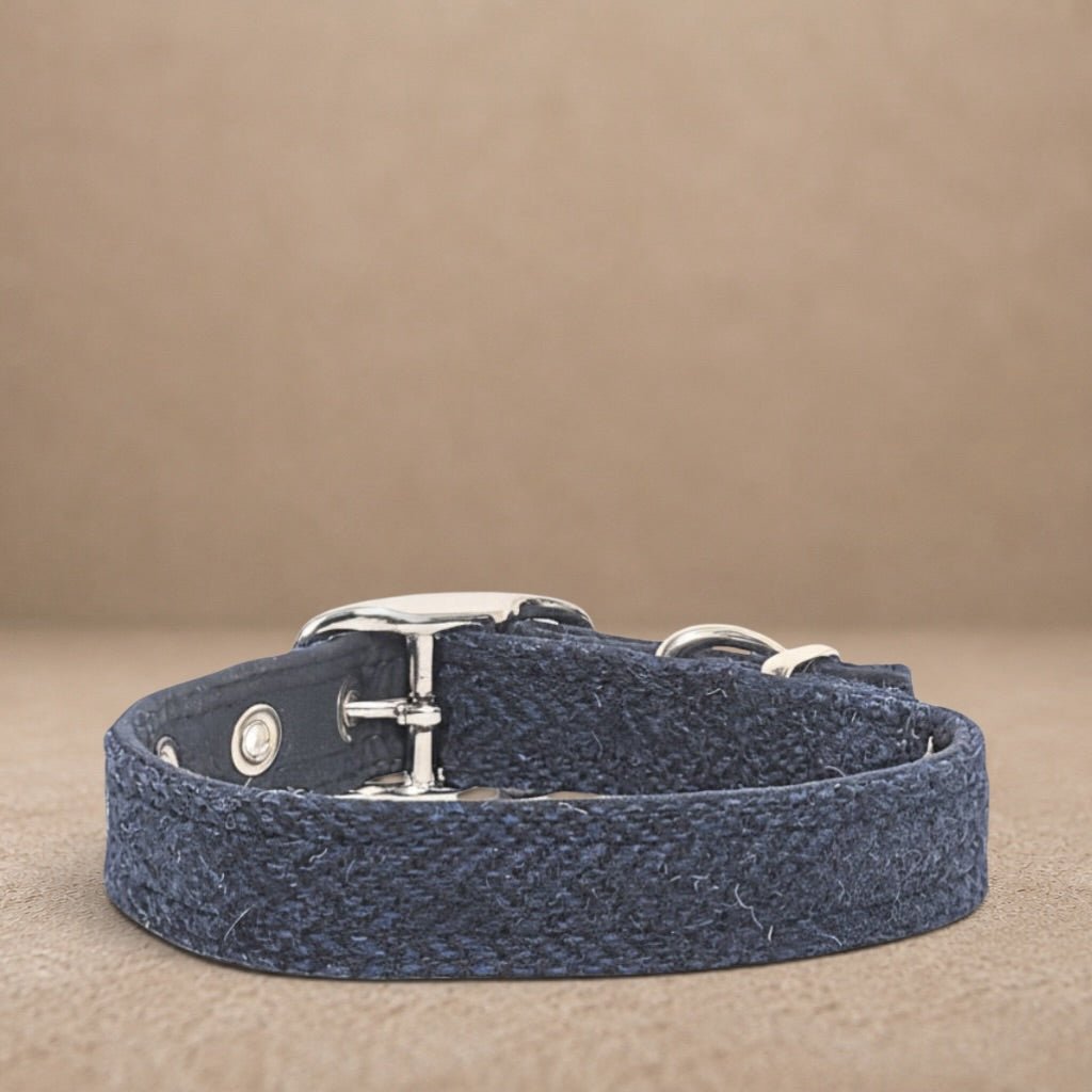 Midnight Blue Herringbone - Buckle Fastening Luxury Harris Tweed Dog Collar