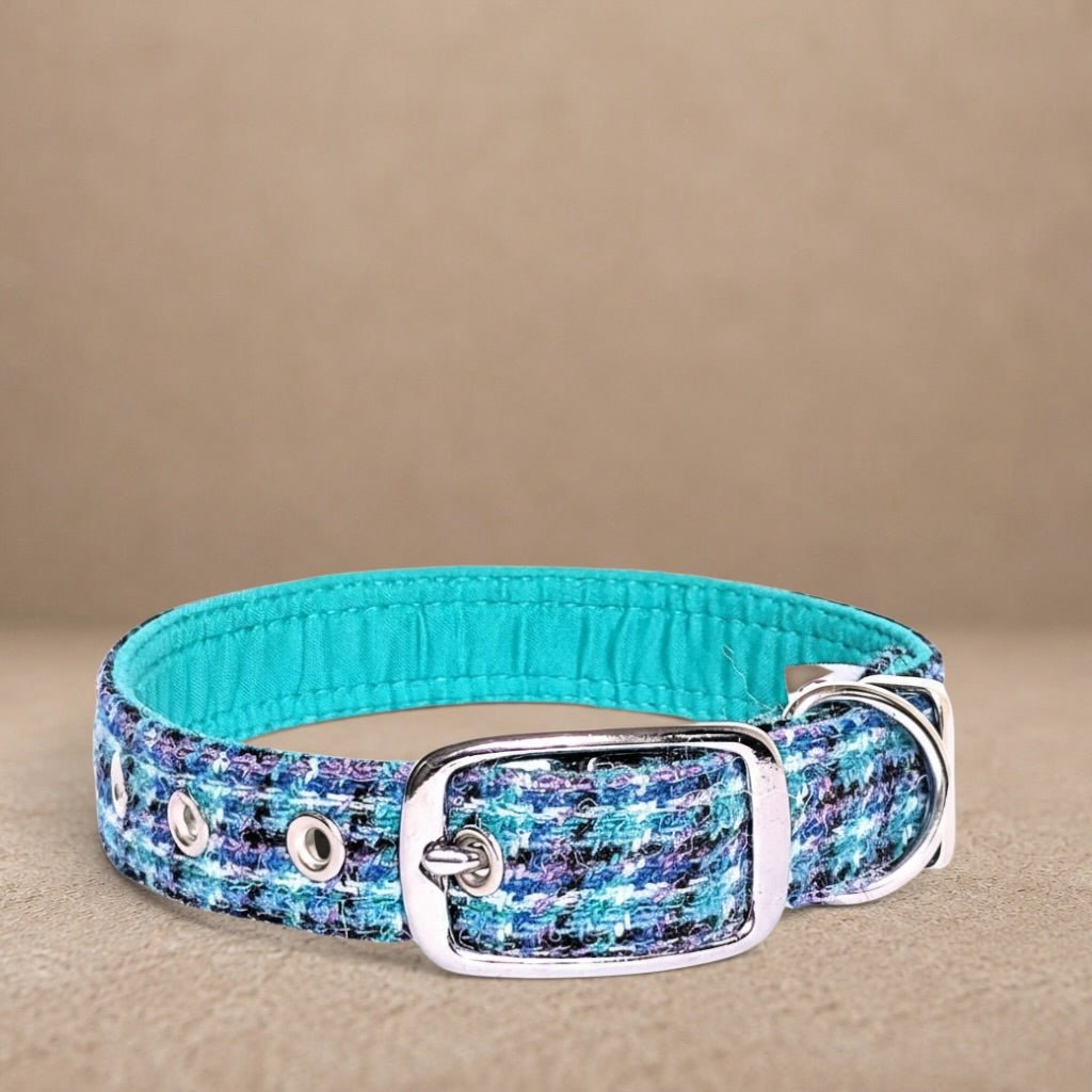 Teal, Lilac & Black Check - Buckle Fastening Luxury Harris Tweed Dog Collar