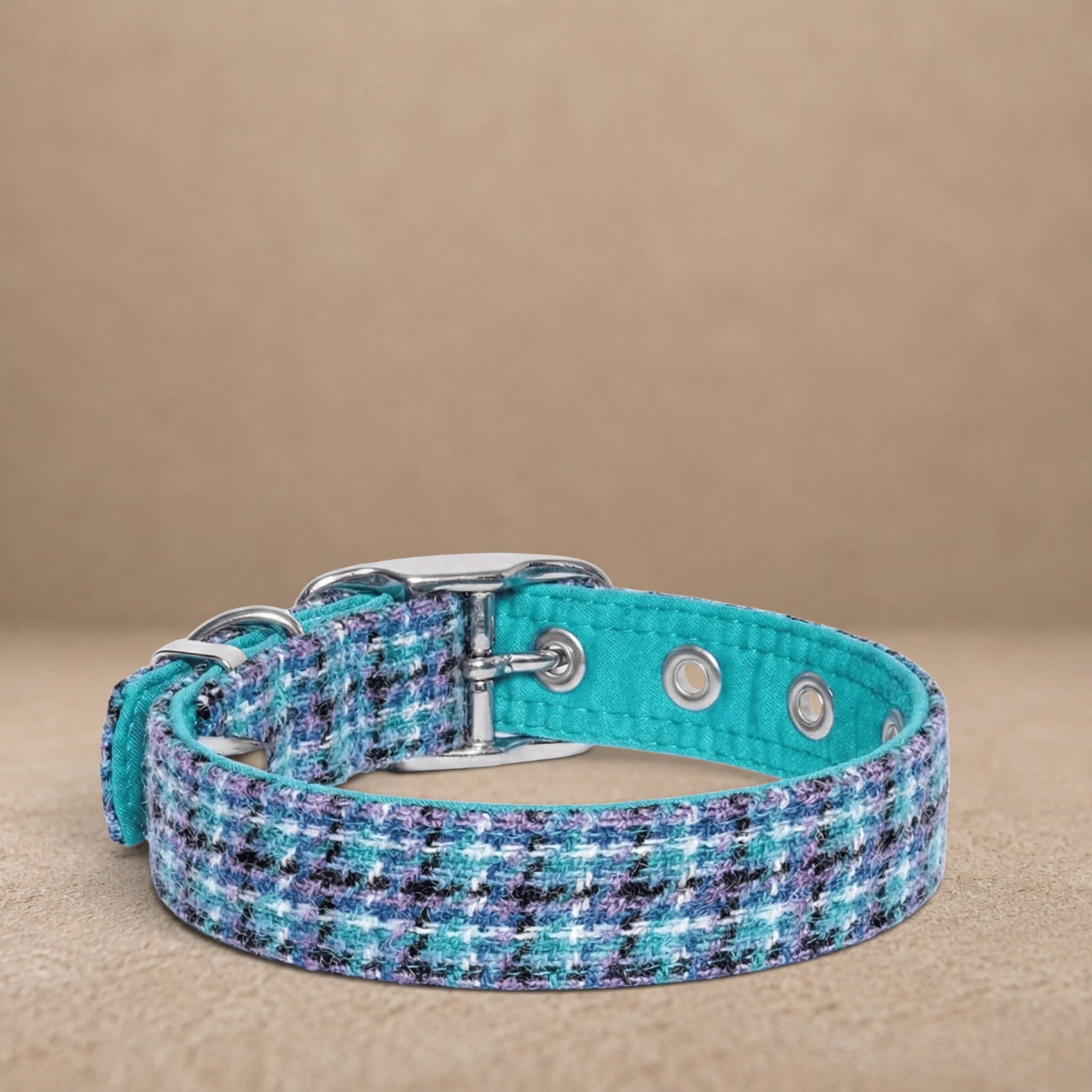 Teal, Lilac & Black Check - Buckle Fastening Luxury Harris Tweed Dog Collar