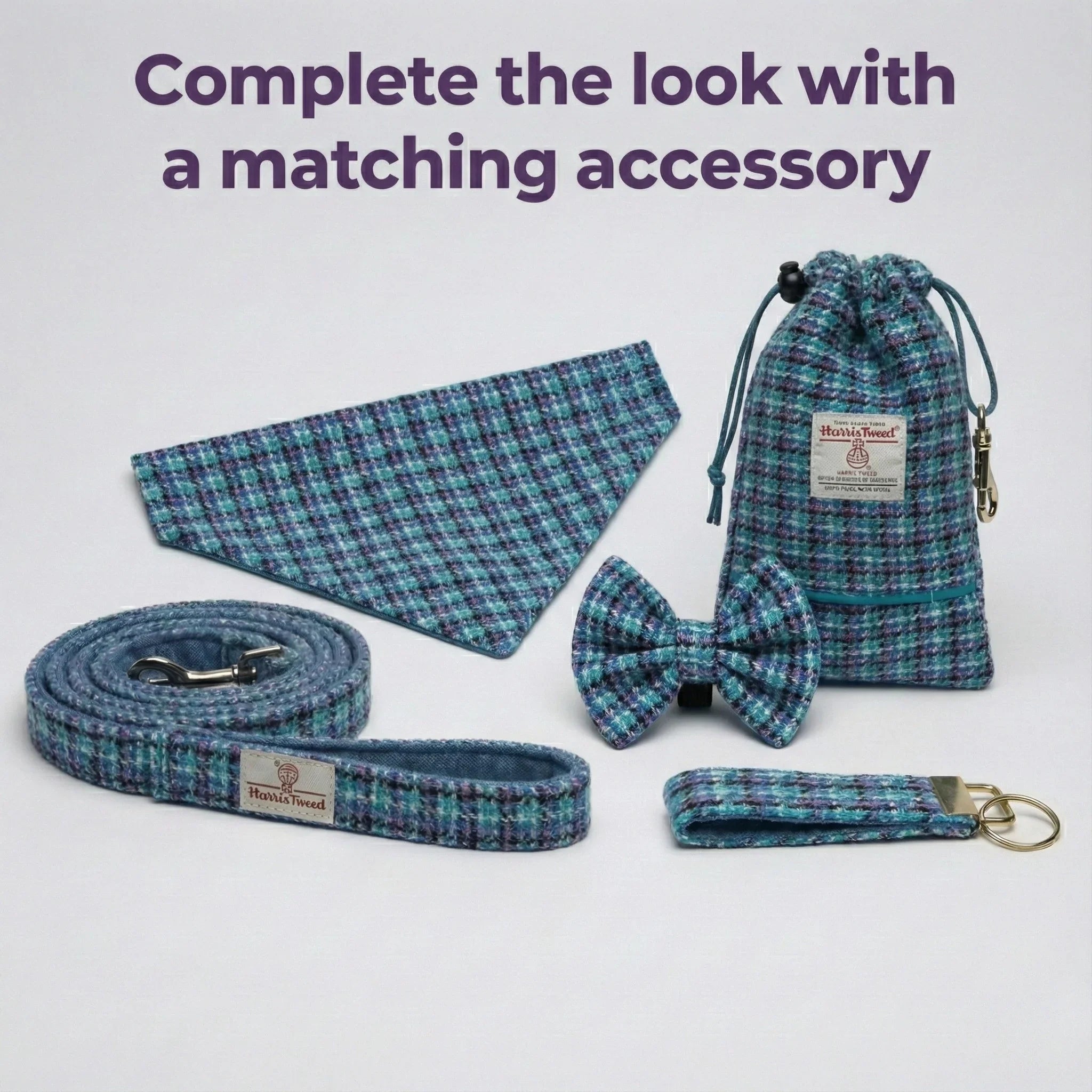 Teal, Lilac & Black Check - Buckle Fastening Luxury Harris Tweed Dog Collar