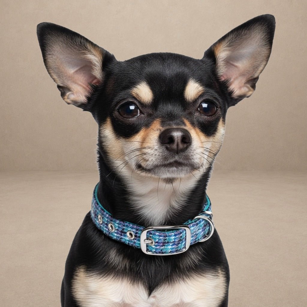 Teal, Lilac & Black Check - Buckle Fastening Luxury Harris Tweed Dog Collar