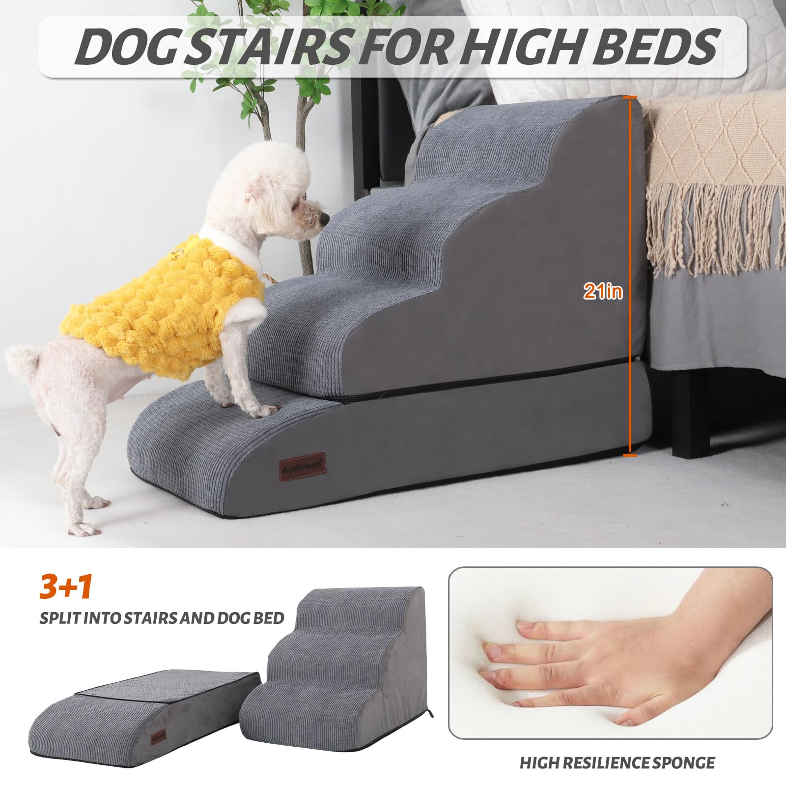 Aodisman 4 - Step Dog Stairs & Ramp for Beds or Couches – 21" Grey Non - Slip Pet Steps