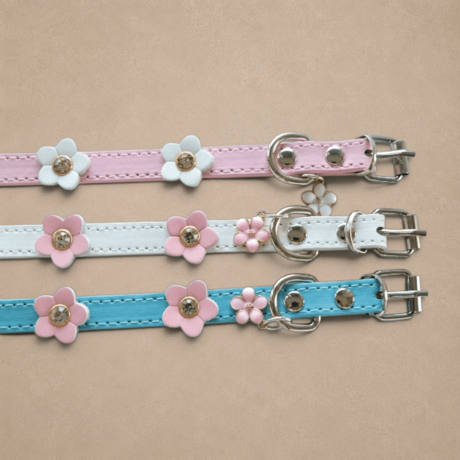 Chic Blue Dog Collar with Pink Flower Charms – XS/S/M Sizes