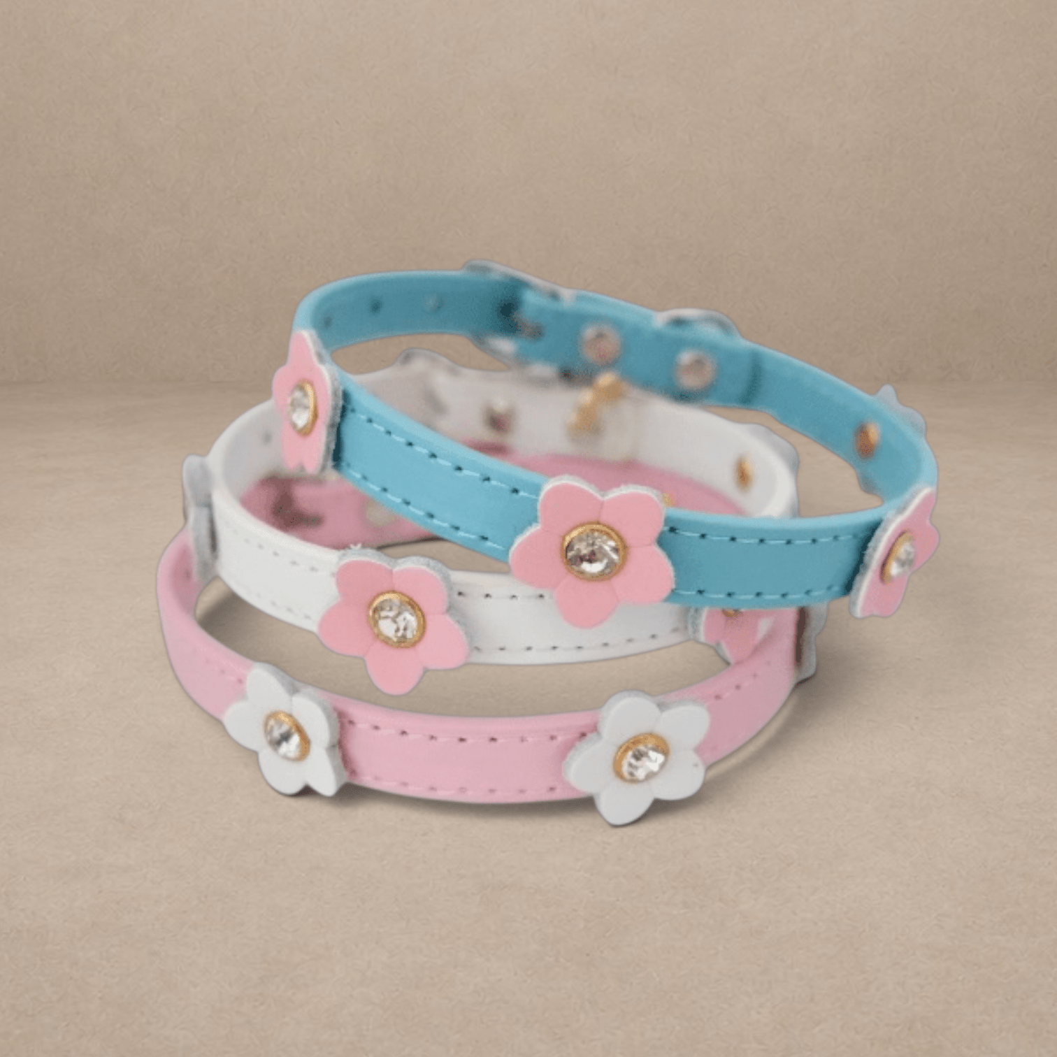 Chic Blue Dog Collar with Pink Flower Charms – XS/S/M Sizes