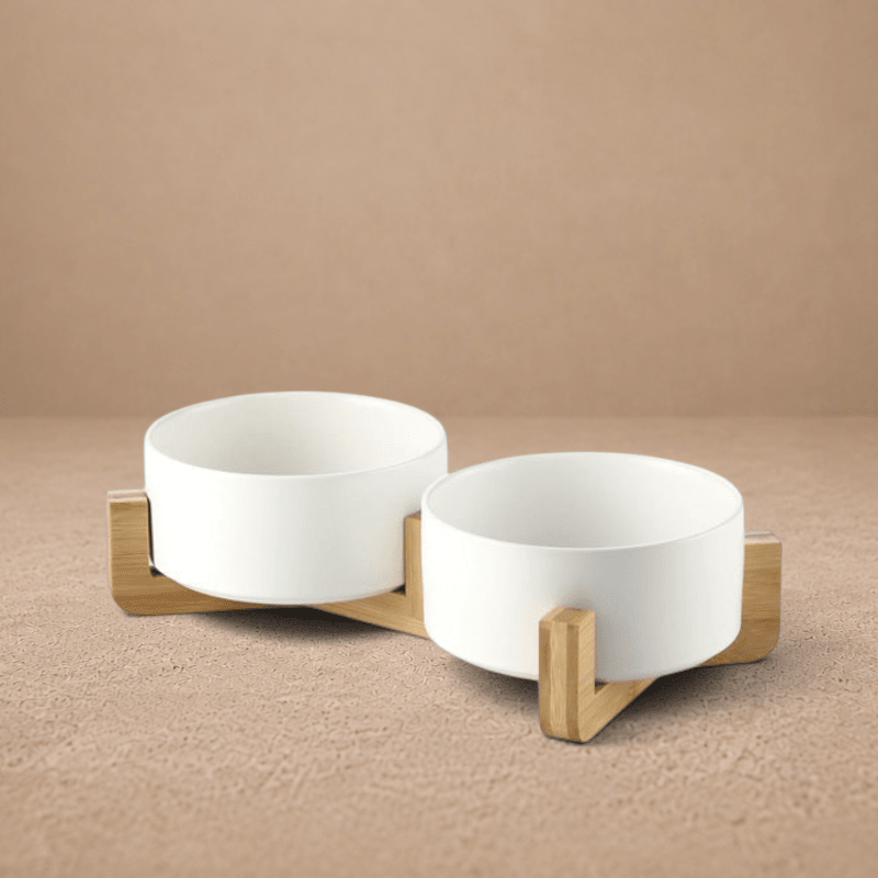 Double Ceramic Pet Bowl with Bamboo Stand