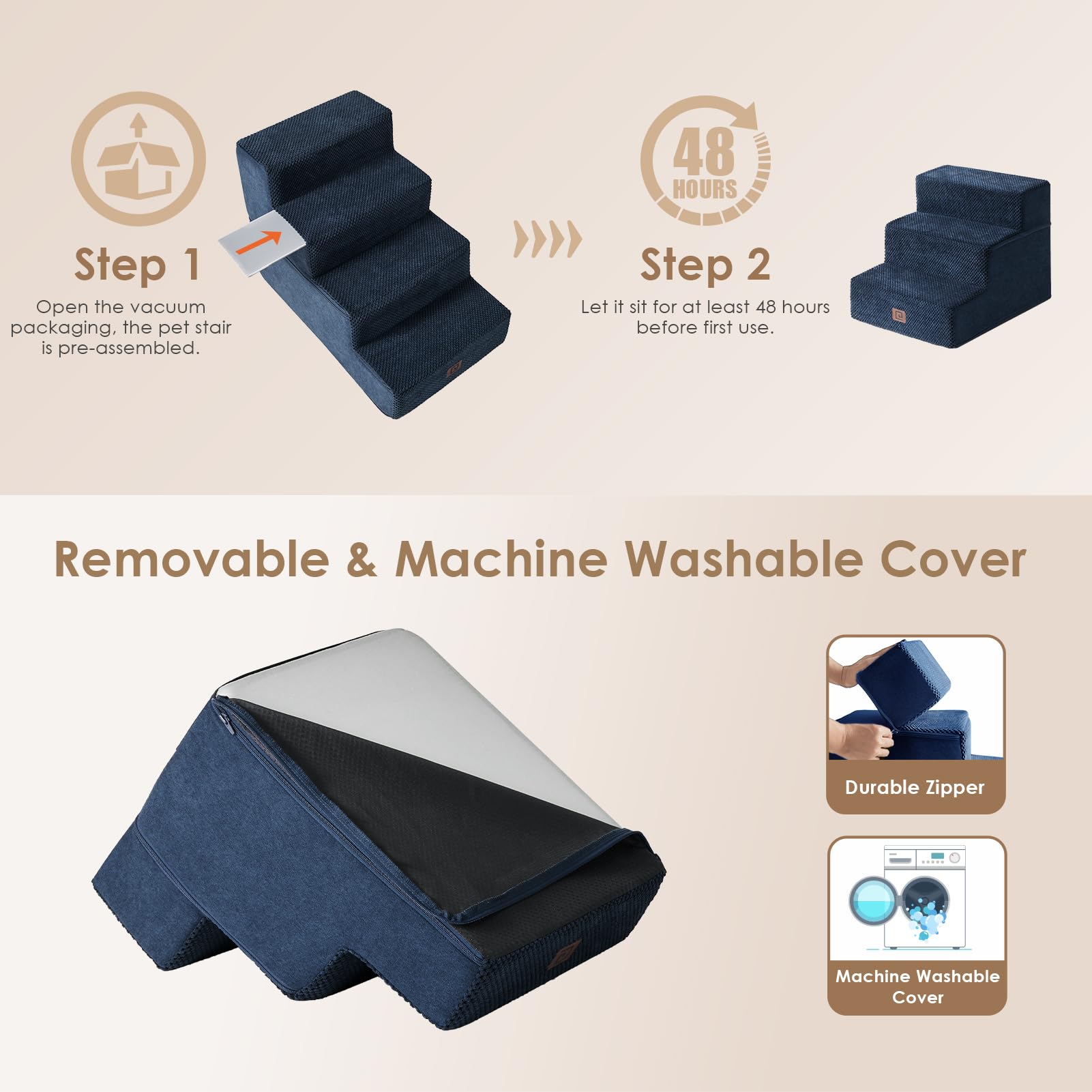 EHEYCIGA Dog Stairs – 3 - Step Navy (13.5 in H) for Sofa, Non - Slip, Foldable