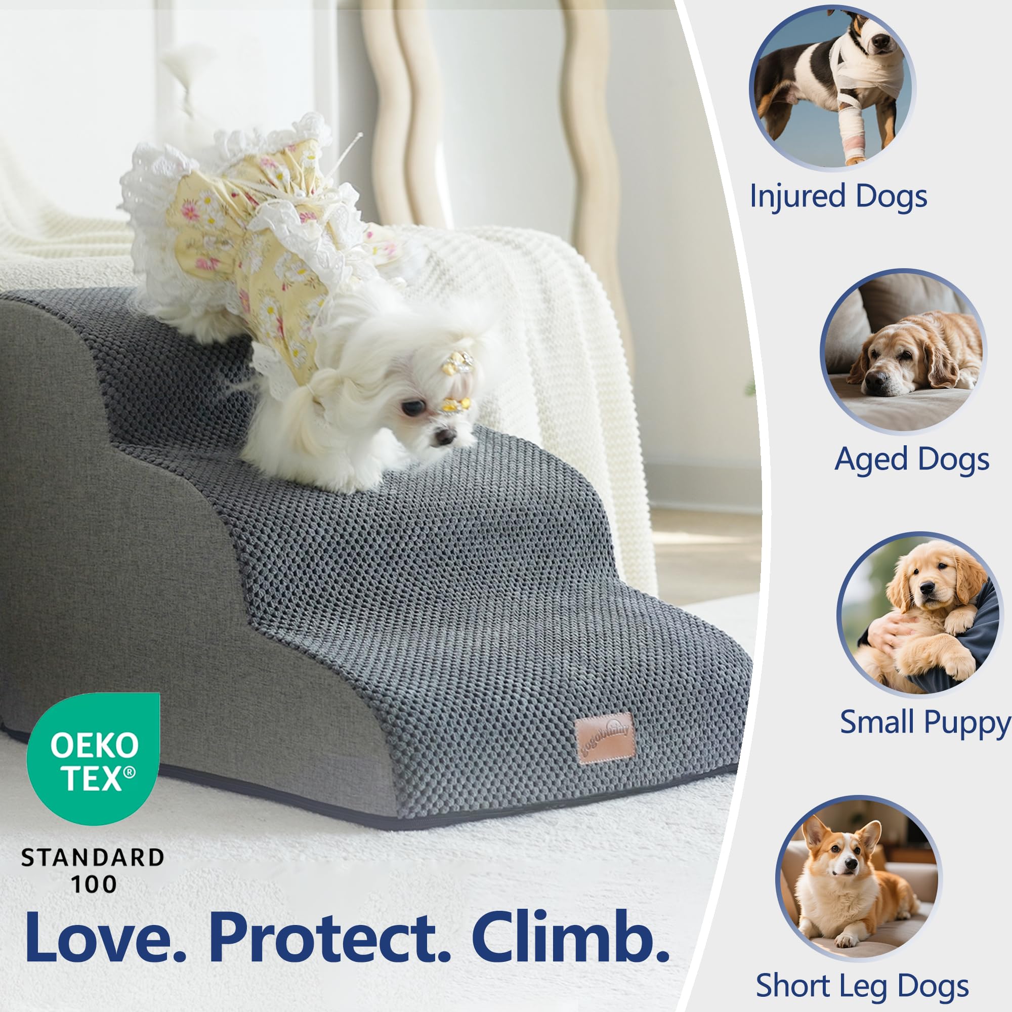 Gogobunny Ramp Cat Dog Stairs Grey – 3 - Step Bed Access, Durable Waterproof Cover