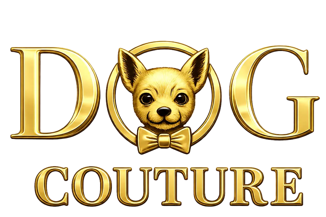 Gold logo of a dog with a bow tie and 'DOG COUTURE' text on a white background