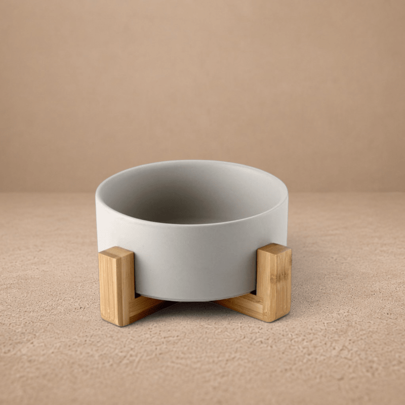 Grey Ceramic Pet Bowl with Bamboo Stand