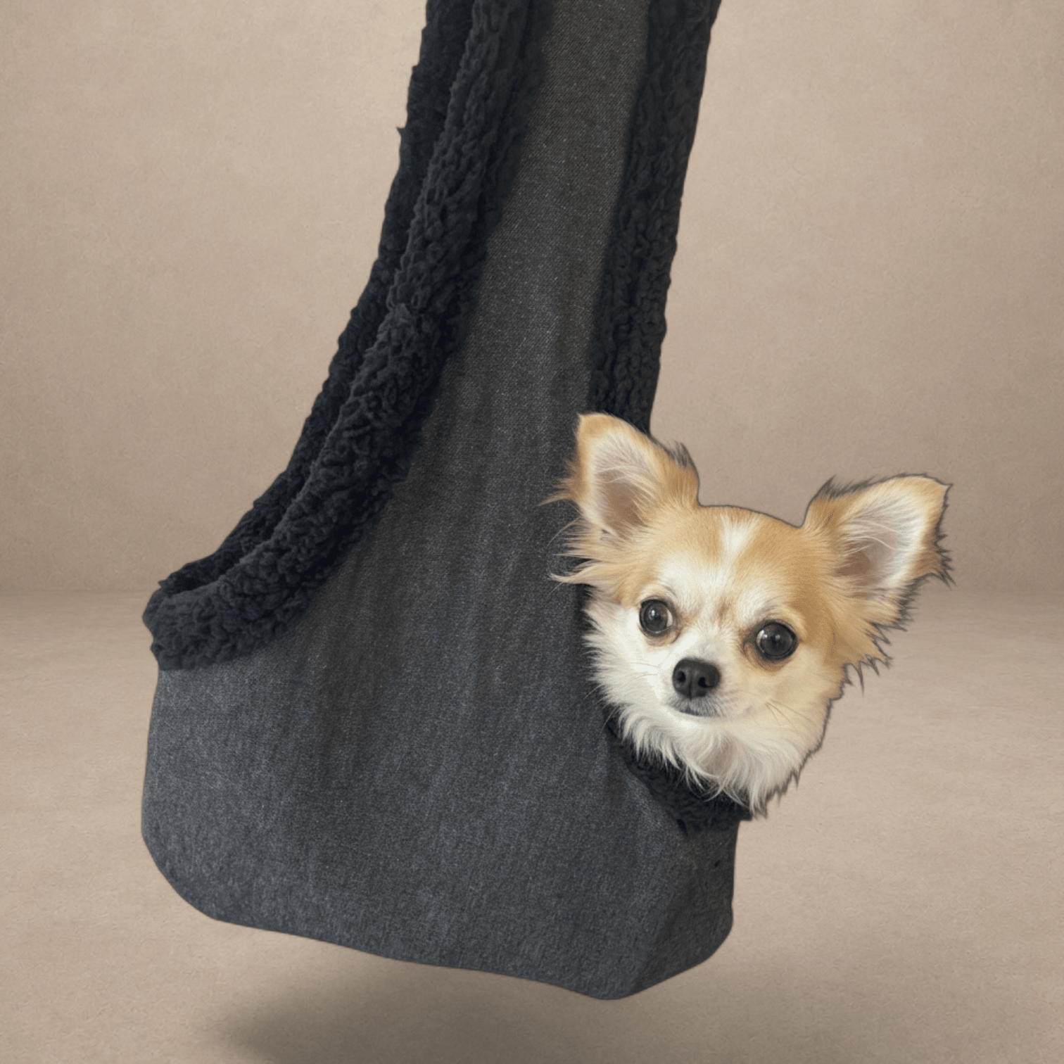 Handcrafted, luxury puppy/small dog carrier/sling - Black Denim