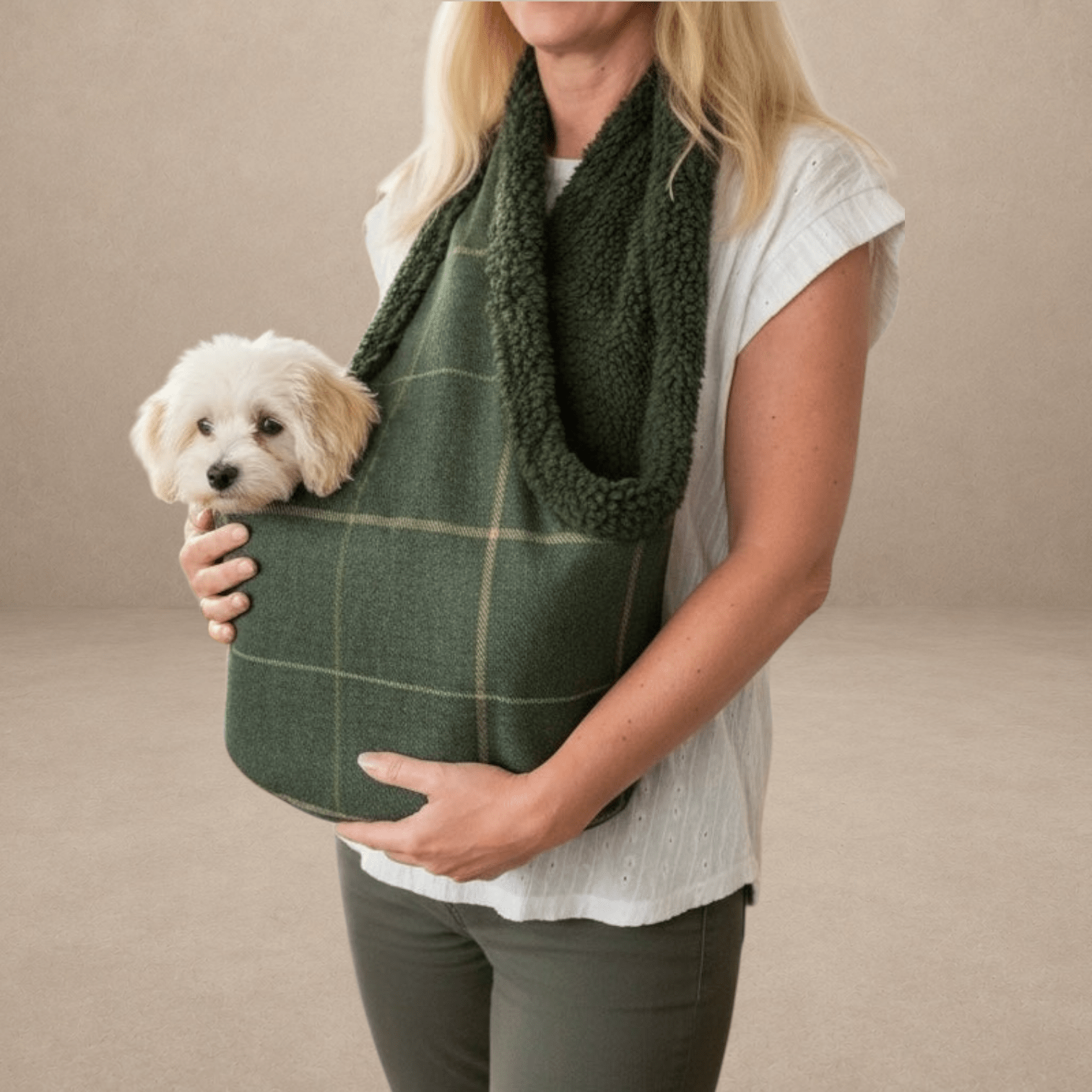 Handcrafted, luxury puppy/small dog carrier/sling - Forest Green Check - The Arlo Collection