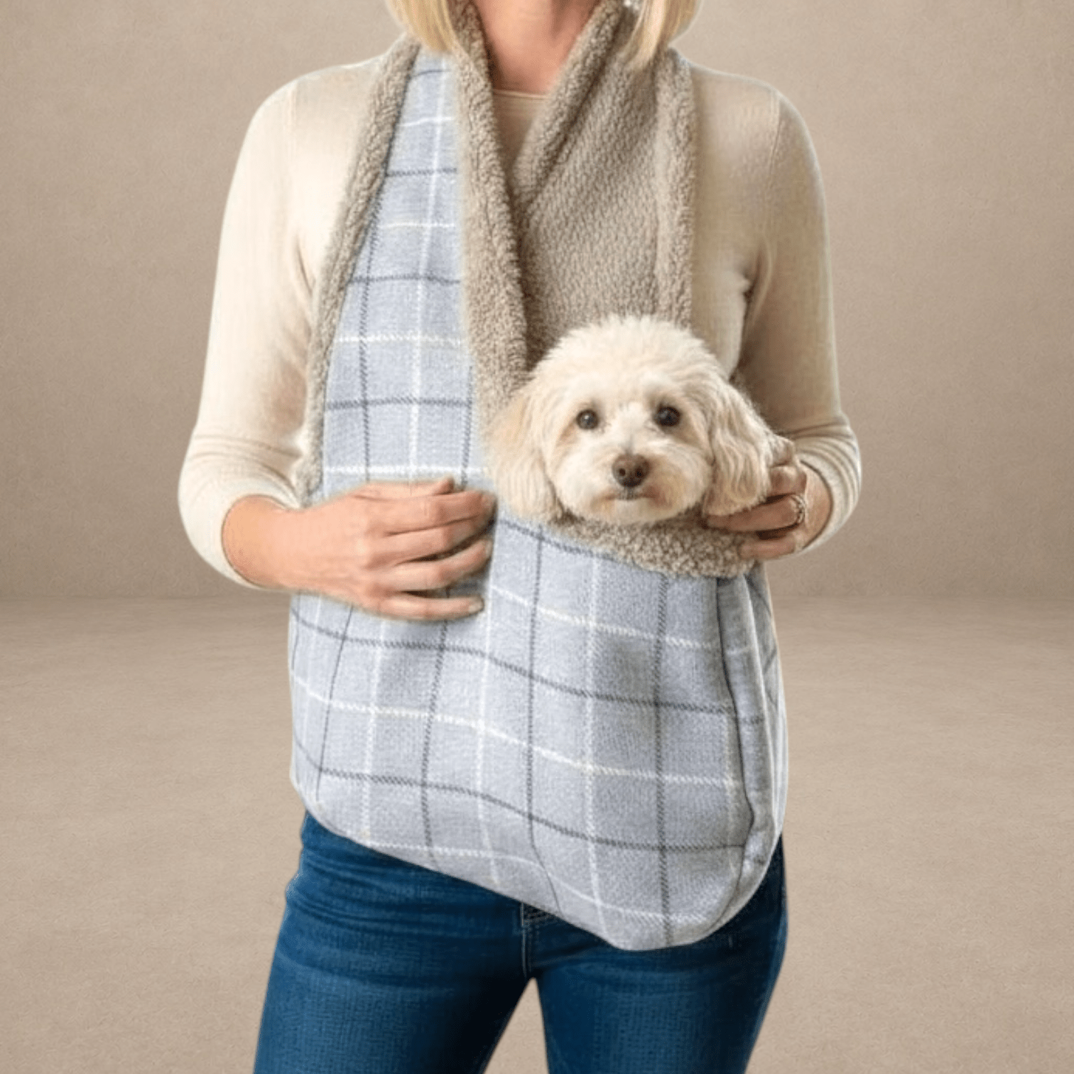 Handcrafted, luxury puppy/small dog carrier/sling - Harris Grey Check