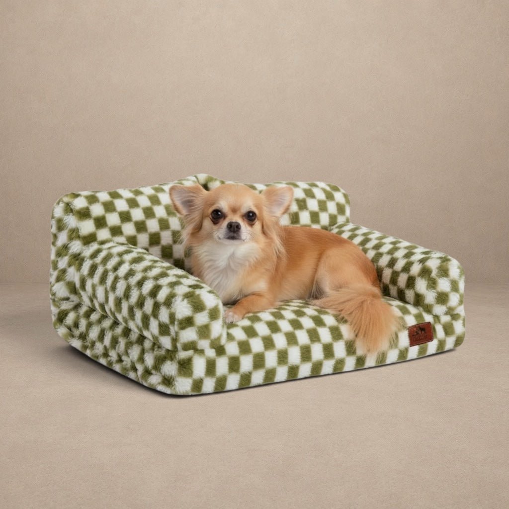 Hollypet Fluffy Plush Sofa Bed for Small Dogs & Cats — Green & White