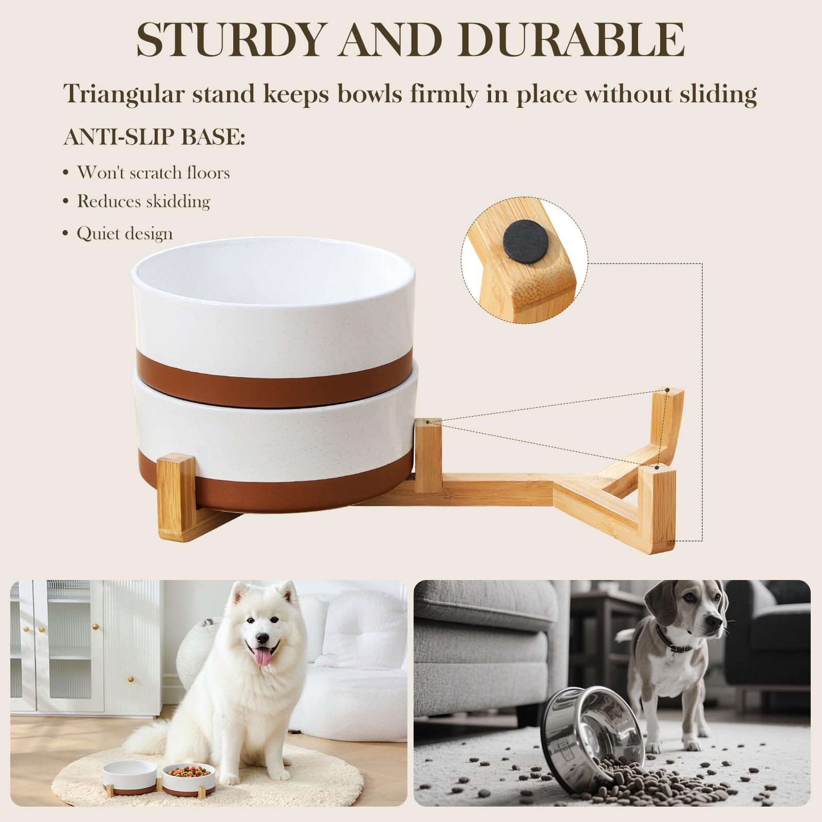 MALACASA Dog Bowls Set with Wooden Stand – 6 Cup Ceramic Food & Water Bowls for Medium to Large Dogs | 58 oz