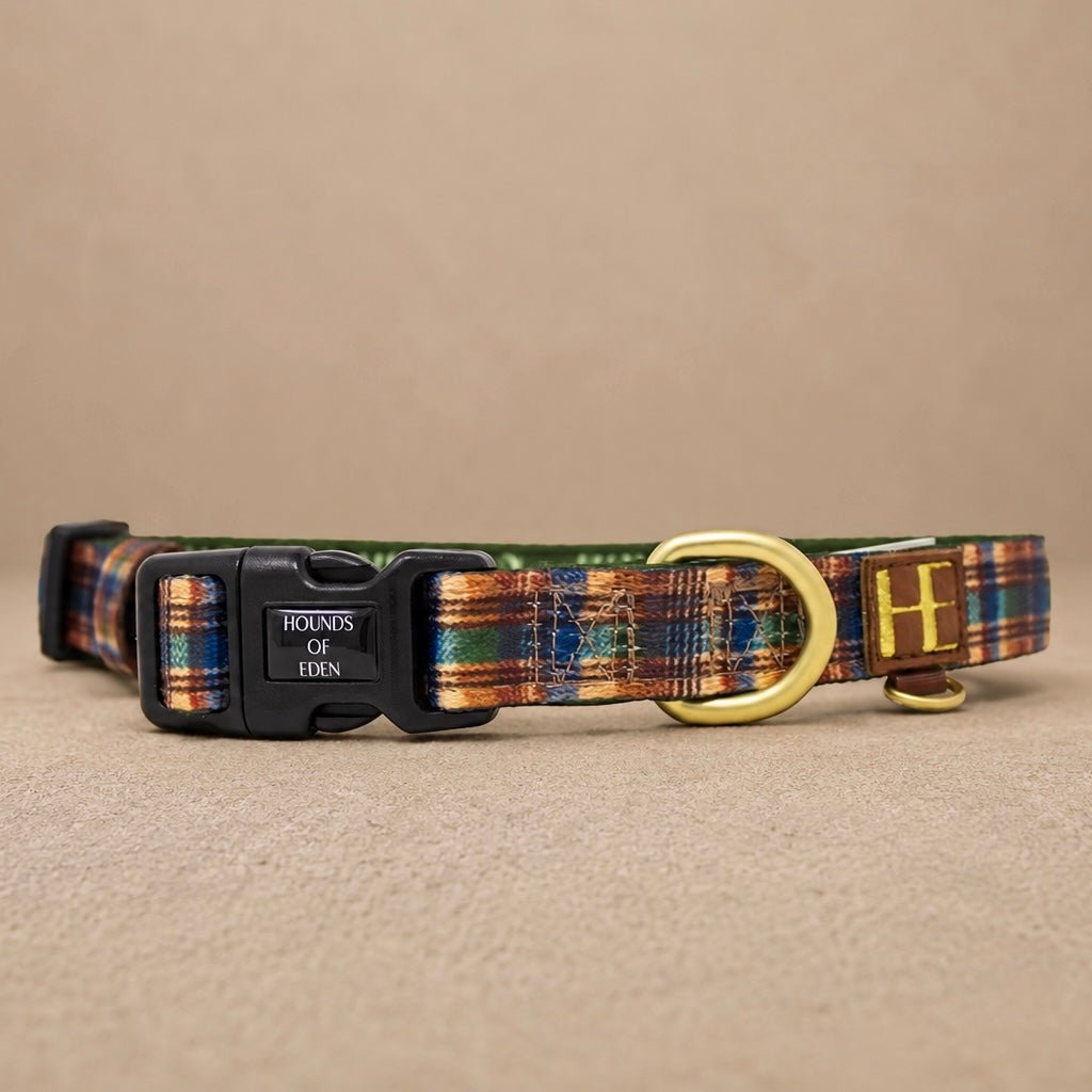 Oak Forest Plaid Dog Collar + Tag Holder