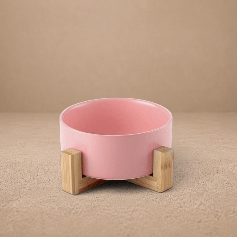 Pink Ceramic Pet Bowl with Bamboo Stand