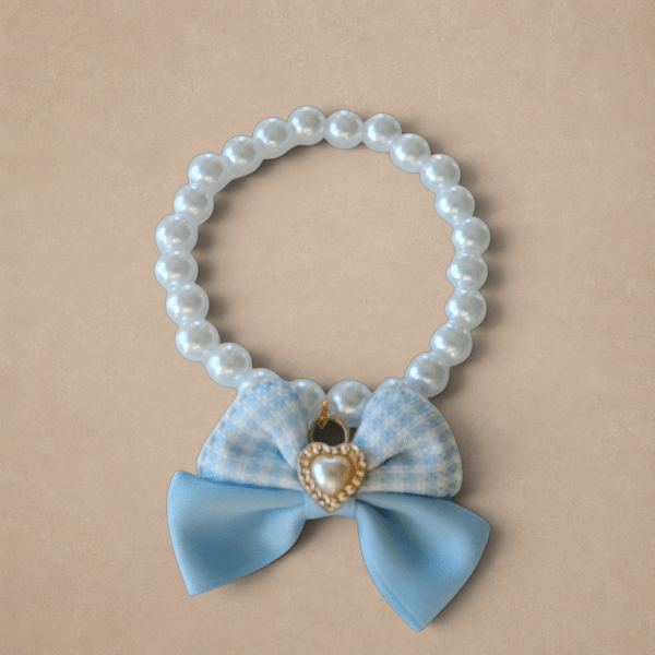 Princess Pearl Pet Necklace – Blue Bow with Heart Pearl Pendant | Cute Pet Accessory