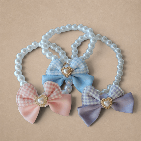 Princess Pearl Pet Necklace – Pink Gingham Bow with Heart Charm | Elegant Dog & Cat Jewelry
