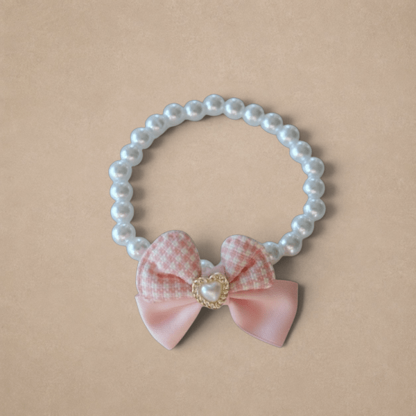 Princess Pearl Pet Necklace – Pink Gingham Bow with Heart Charm | Elegant Dog & Cat Jewelry
