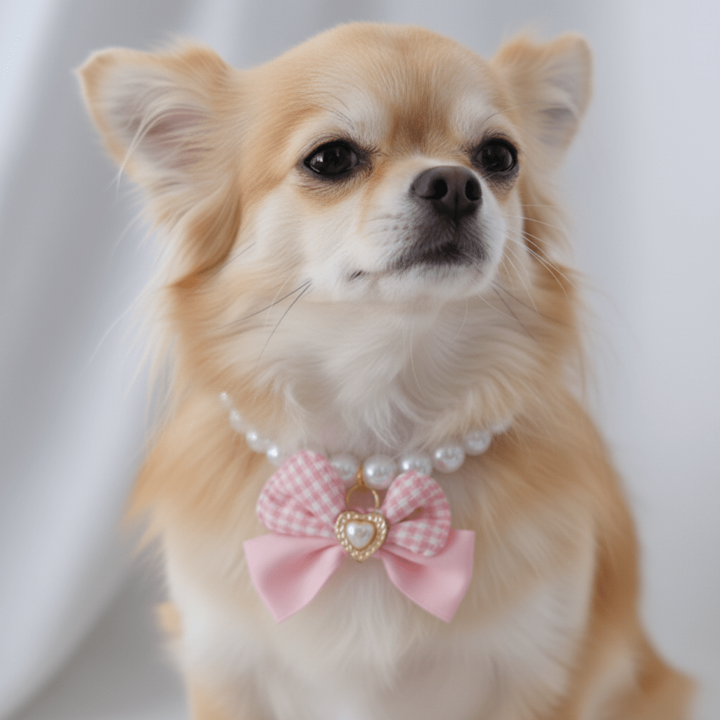 Princess Pearl Pet Necklace – Pink Gingham Bow with Heart Charm | Elegant Dog & Cat Jewelry